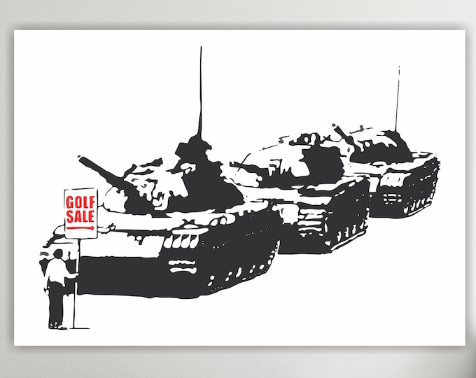 Banksy style painting, poster or hanging picture Tank, Tank, interior wall decorations. Made in Italy