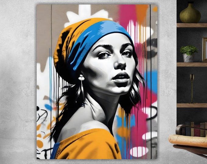 Modern Canvas Girl with Pearl Earring in Banksy Style Graffiti Poster or Canvas Picture in Banksy Style, Wall Decorations.