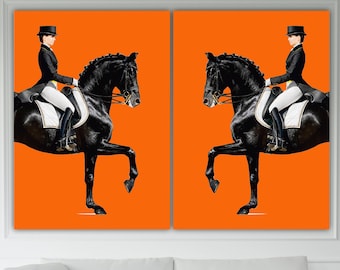 Set of 2 Canvas Prints, Dressage, Girl on Horseback, Aesthetic Poster or Picture, Home Office Decorations.