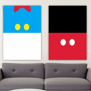 Set di due stampe, poster o quadro su tela, Paperino Topolino minimalista, arredamento casa ufficio