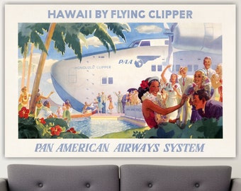 Pan Am Clipper Hawaii Travel Poster or Painting Canvas Print Interior Wall Art Decor.