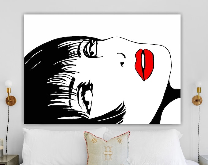 Cartoon Girl, Girl with Red Lipstick, Poster or Canvas Picture Ready to Hang Home Office Decor