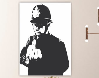 Banksy Style Poster or Canvas Print, Rude Policeman Showing Middle Finger, Banksy Style Interior Wall Art