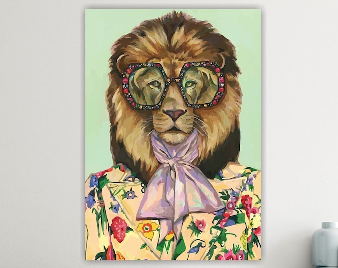Jungle Animals Canvas Print, Fashionable Dressed Lion, Wall Decor, Poster or Aesthetic Painting.
