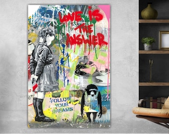 Large size painting 100 x 150 cm ready to hang, Love Is The Answer in Banksy graffiti style. SPECIAL OFFER.