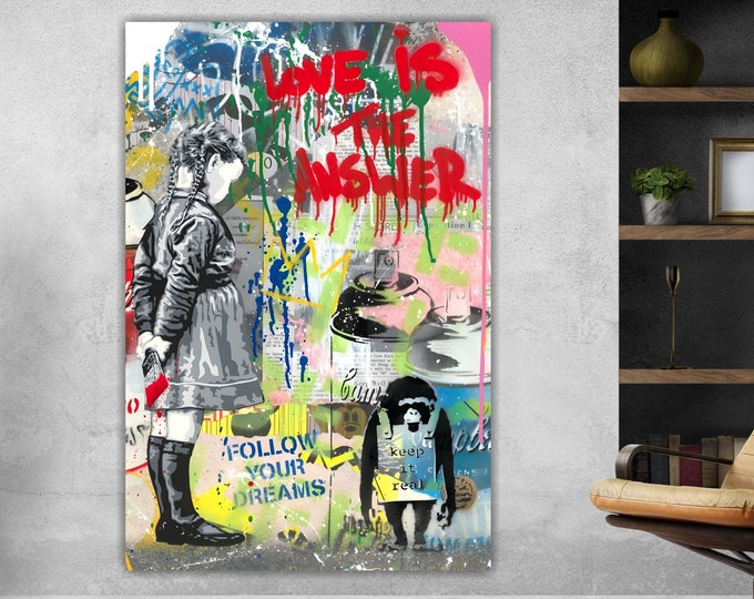 Modern canvas Love Is The Answer in Banksy style graffiti poster or canvas picture high quality, interior wall decorations Bansky style