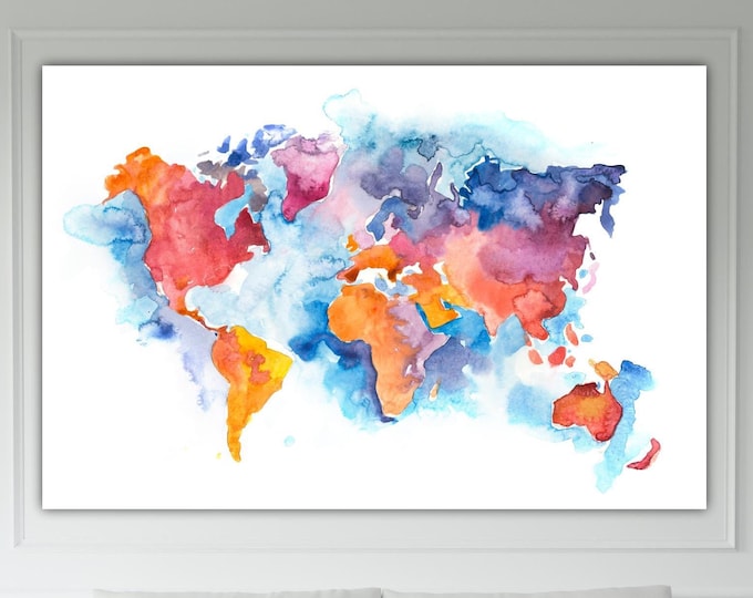 Colorful World Map Wall Art, Watercolor Map, Poster or Wall Picture, Canvas Print, Home Wall Decor.