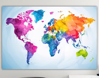 World Map Wall Art, Rainbow Map Poster or Wall Picture, Canvas Print, Home Wall Decor.