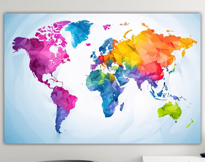 World Map Wall Art, Rainbow Map Poster or Wall Picture, Canvas Print, Home Wall Decor.