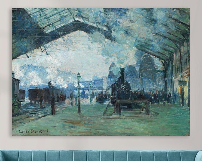 Monet The Train, aesthetic poster or painting, canvas print, Paris cityscape, Saint-Lazare station, home wall decorations.