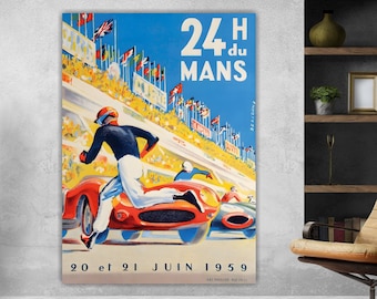 1959 24 Hours LE Mans, Beautiful Large Vintage Painting, Canvas Print, Interior Wall Decor.
