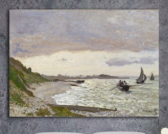 Monet Seascape Canvas Wall Art Print Seaside at Sainte-Adresse Aesthetic Painting or Poster Home Wall Decor.