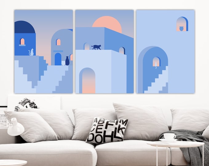 Set of 3 canvas prints View of Mykonos, aesthetic posters or paintings, minimalist boho interior wall decorations.