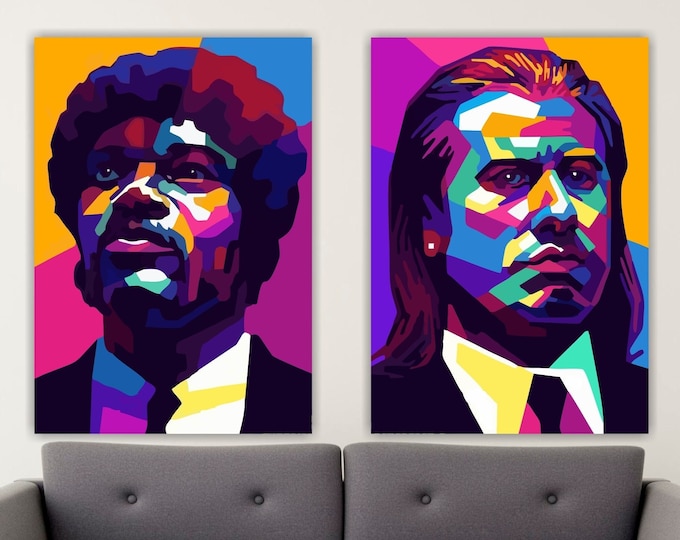 Set of 2 Pulp Fiction Canvas Prints, Diptych, Poster or Art Painting, Vincent Vega and Jules Winnfield, Indoor Wall Decorations.