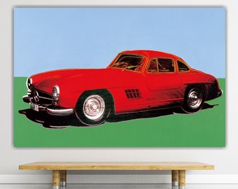 Andy Warhol red Mercedes, poster on canvas or painting, pop art, interior wall decorations.