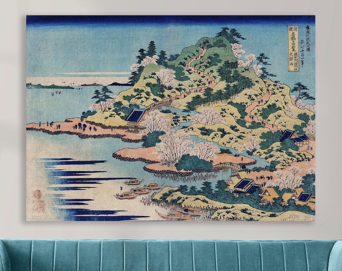 Hokusai, poster or canvas painting, spring landscape and sakura blossom, aesthetic interior decoration.