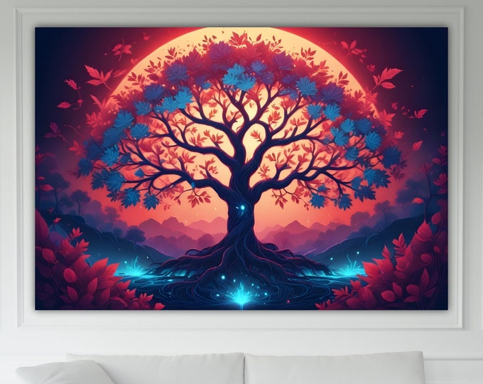 Modern Poster or Canvas Print Tree of Life Light Blue and Orange, Wall Print, Interior Wall Decorations.