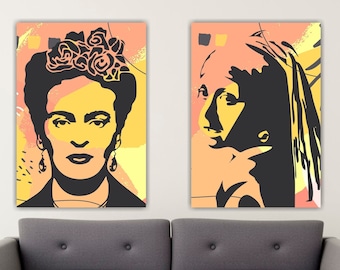 Frida Kahlo and Girl with a Pearl Earring, Set of 2 Canvas Prints, Poster or Aesthetic Painting, Interior Wall Decorations.