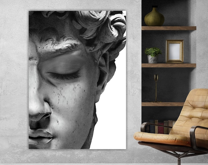 David by Michelangelo closed face, modern poster or painting, wall print, famous sculpture, aesthetic interior wall decorations.