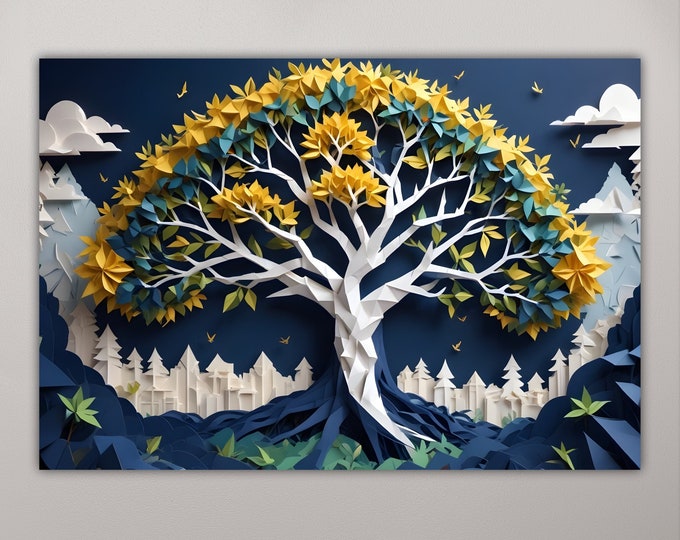 Tree of Life Yellow and Blue, Modern Poster or Canvas Painting, Wall Art Print, Interior Wall Decor.