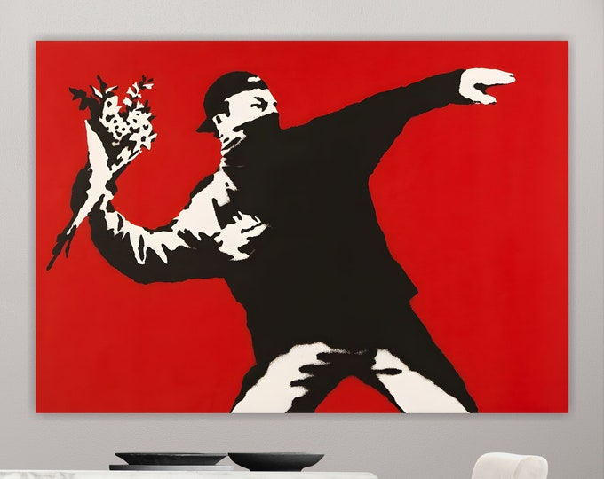 Banksy style graffiti flower painting, street art, high quality poster or canvas painting, Bansky style interior wall decoration