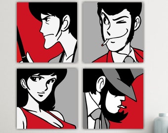 When Lupin and his gang Japanese anime Set of 4 canvas prints, posters or canvas paintings, interior wall decorations.