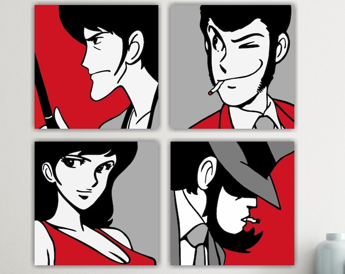 When Lupin and his gang Japanese anime Set of 4 canvas prints, posters or canvas paintings, interior wall decorations.