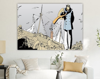Corto Maltese and the ship canvas print, tribute to the comic by Hugo Pratt, aesthetic poster or painting, wall decorations.