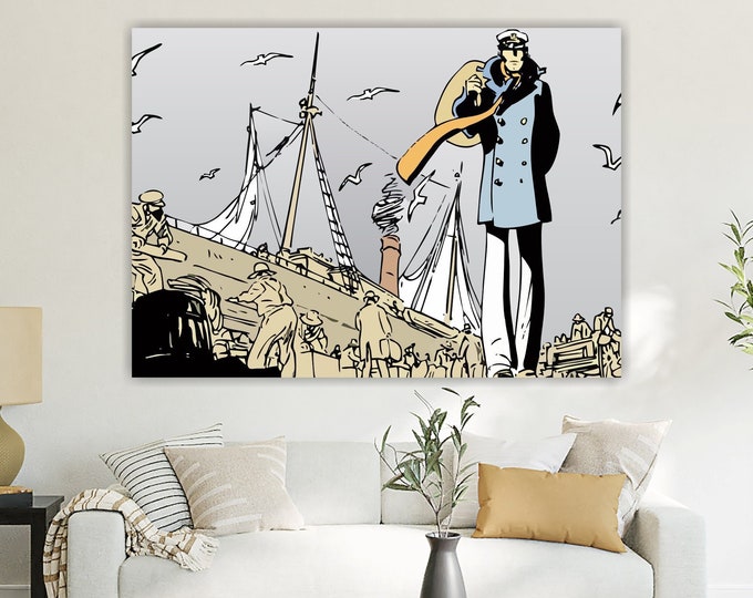 Corto Maltese and the ship canvas print, tribute to the comic by Hugo Pratt, aesthetic poster or painting, wall decorations.