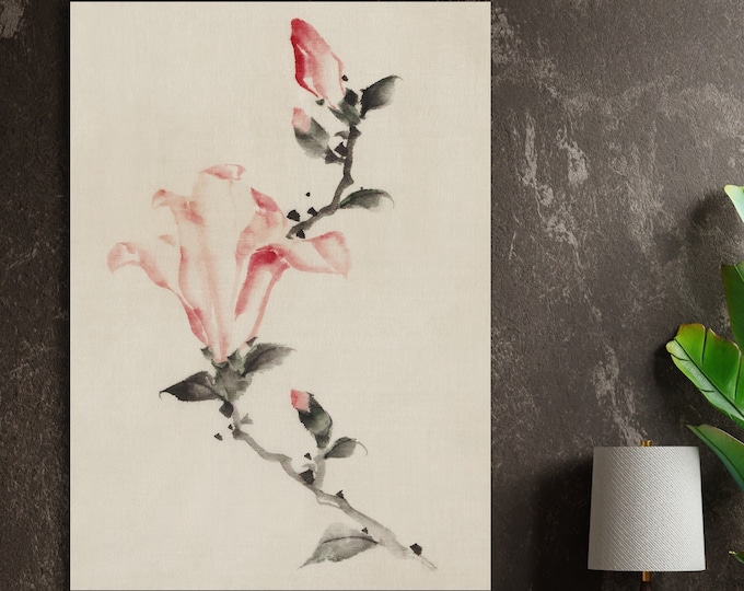 Hokusai, aesthetic poster or painting, canvas print Pink flowers, Japanese art, interior wall decoration.