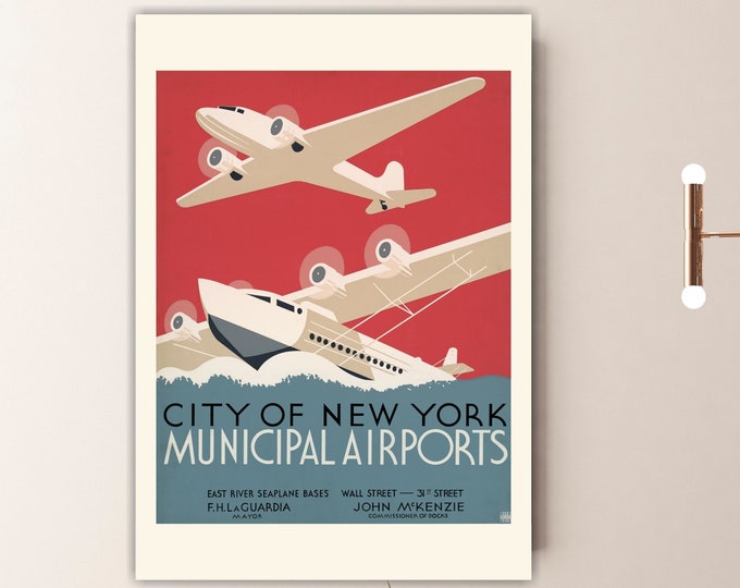 Travel Poster or Painting, New York City Municipal Airports, Canvas Print, Interior Wall Decor.