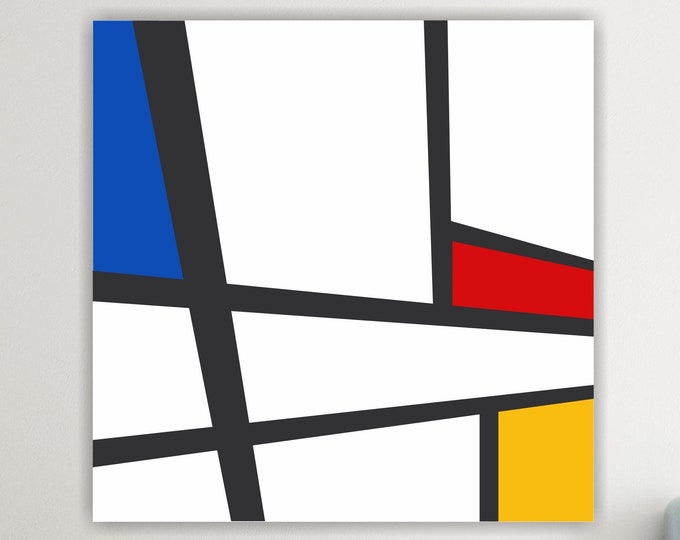 Abstract wall art print, aesthetic poster or painting, composition with red, yellow and blue, wall decorations.