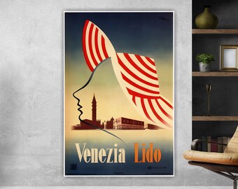 Large Vintage Venice Lido Painting, Canvas Print, Indoor Wall Decor.