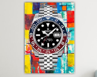 Rolex GMT Watch Canvas Print, Colorful Abstract Poster or Painting, Interior Wall Decor.