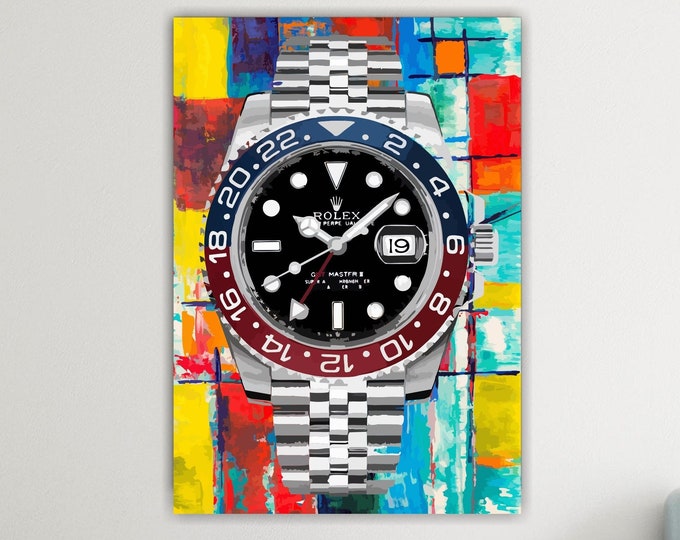 Rolex GMT Watch Canvas Print, Colorful Abstract Poster or Painting, Interior Wall Decor.