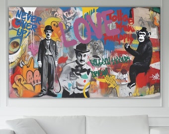 Graffiti poster, Monkey Charlie Chaplin in Banksy style, street art Bansky style, high quality canvas painting, wall decorations.