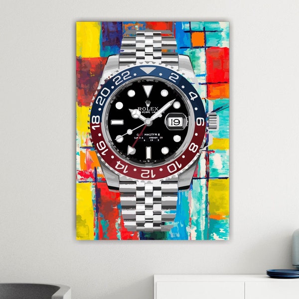 Rolex GMT orologio, stampa su tela, poster o quadro astratto colorato, decorazioni murali per interni.