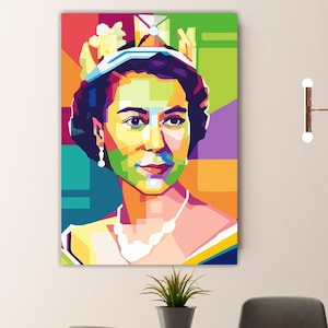 Regina UK ritratto pop art, stampa su tela, poster o quadro artistico, decorazioni murali.