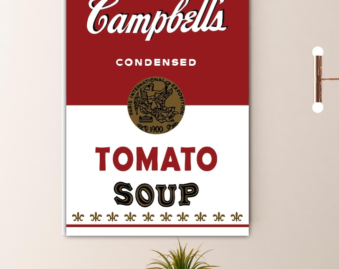 Andy Warhol Tomato Soup, iconic poster or painting, pop art, interior wall decoration.