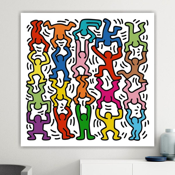 Keith Haring Kleurrijke acrobaten, poster of schilderij op canvas, Pop Art print, wanddecoratie voor binnen.