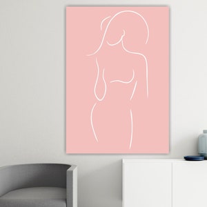 Decorazioni murali, Donna astratta nuda rosa, stampa su tela murale, disegno a linea, poster o quadro estetici.