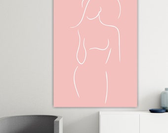 Wall Decor, Abstract Nude Woman Pink, Canvas Print Wall Art, Line Drawing, Aesthetic Poster or Painting.