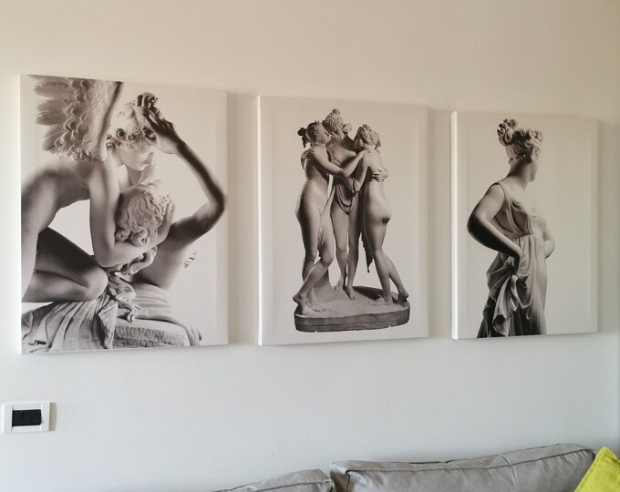 Set of 3 prints on canvas, sculpture by Canova, Love Psyche, Dancer, Three Graces, poster or canvas painting, wall decorations for the home.