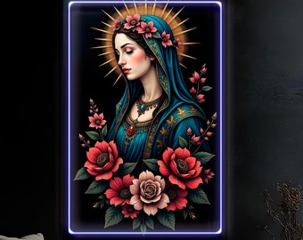 LED Light Painting Virgin Mary Floral Canvas Modern Large Size Wall Decor for Home Office Decor