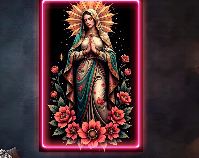 Large Modern Catholic Virgin Mary LED Light Up Canvas Painting Wall Art for Home Office Decor
