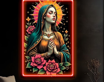 Contemporary Virgin Mary LED Light Painting on Canvas Modern Large Size Wall Decorations for Home Office Decor