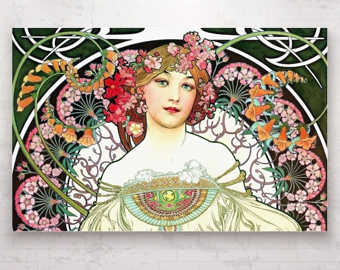 Spring by Alphonse Mucha, tribute reproduction. Modern painting ready to hang or poster on canvas, for home office decoration