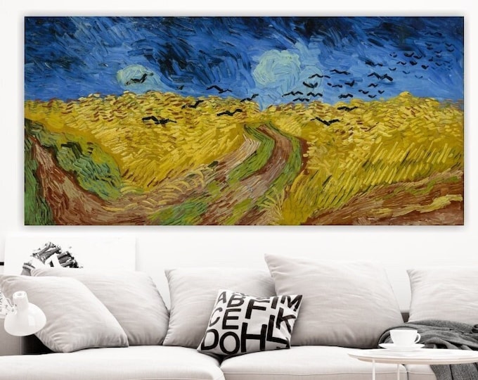 Van Gogh poster or aesthetic painting, wall decoration, canvas print, wheat field, colorful landscape.