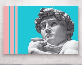 Michelangelo's David, The Face, Modern Poster or Painting, Pink Blue Wall Print, Interior Wall Decor.
