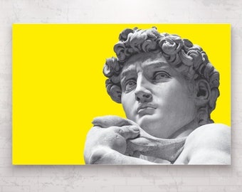 David by Michelangelo, the face, modern poster or painting, yellow wall print, interior wall decorations.